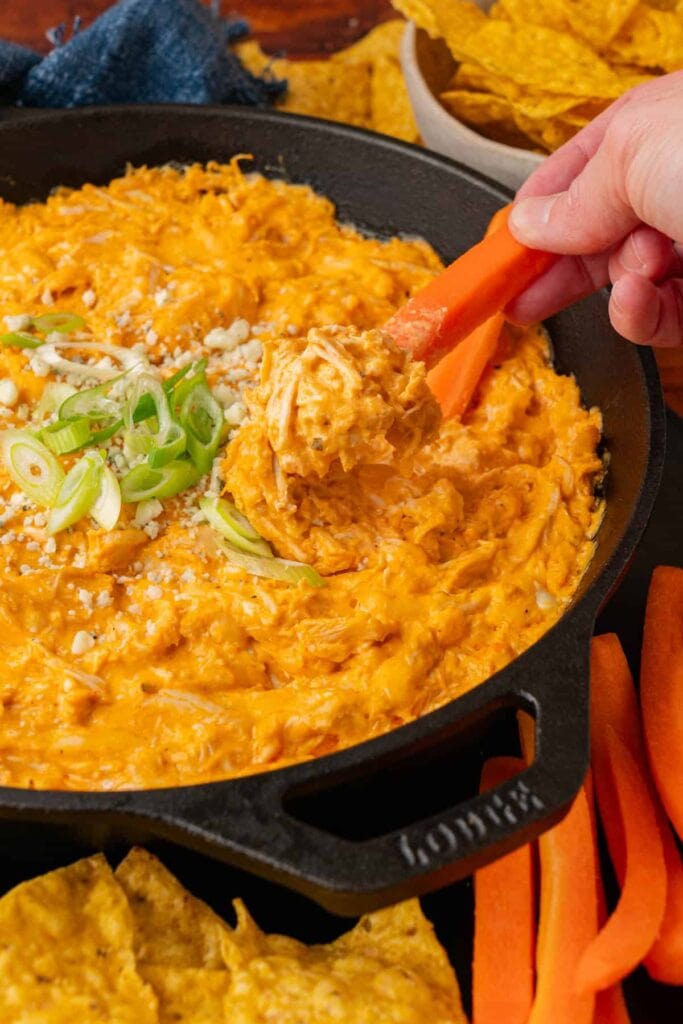 Buffalo chicken dip in a skillet.