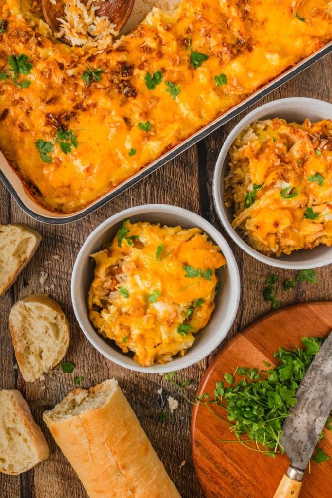 Cheesy chicken and rice casserole served in a bowl.