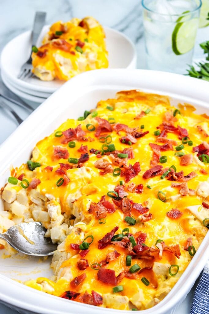 Chicken and potato casserole baked in a baking dish.