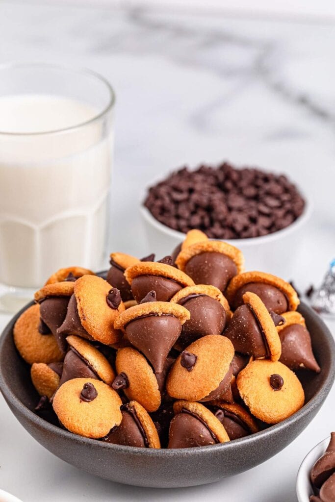 Chocolate acorns in a bowl.