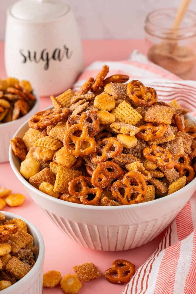 Churro Chex mix in a bowl.