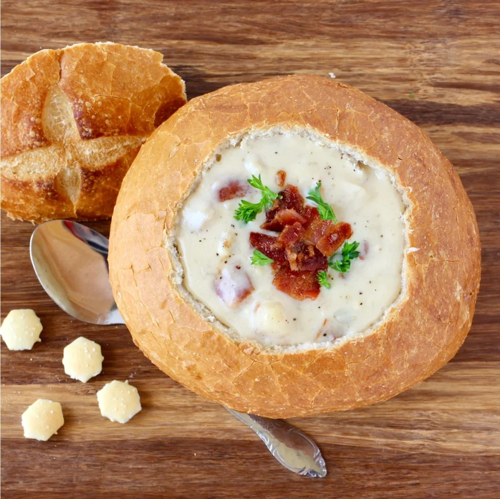clam chowder in bread bowl