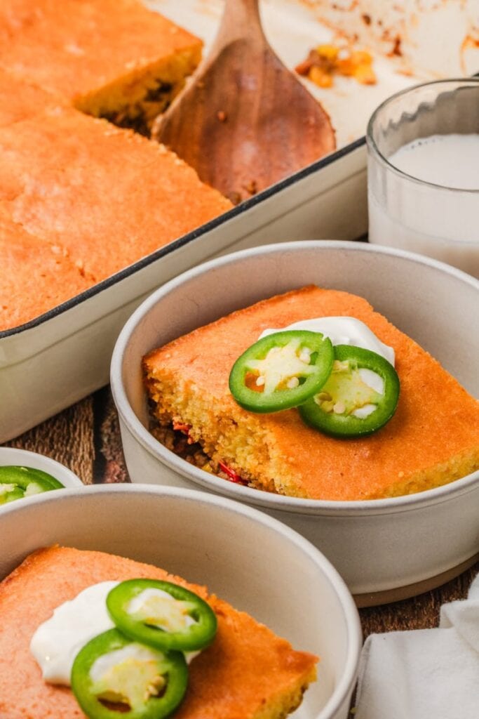 Cowboy cornbread casserole served in a bowl.