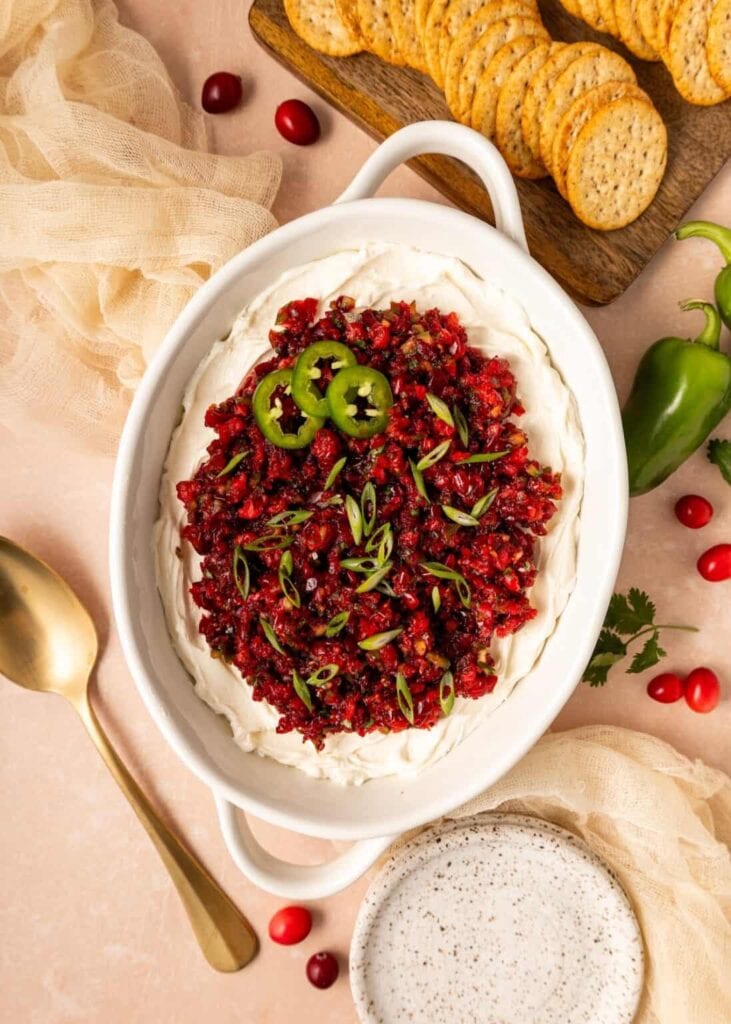 Cranberry jalapeño dip in a baking dish.