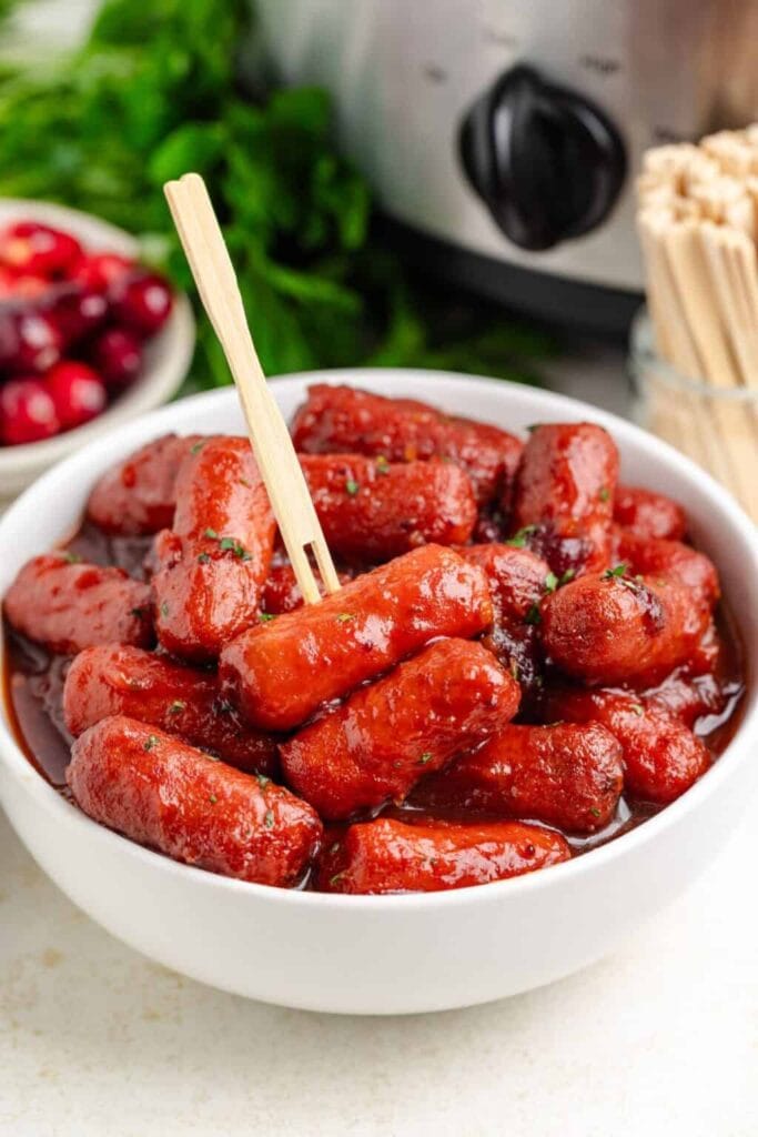 Cranberry little smokies in a bowl.