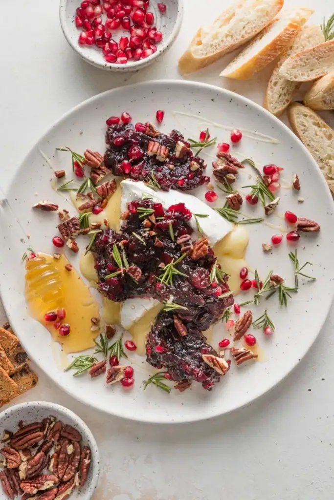 Cranberry pomegranate baked brie on a plate.