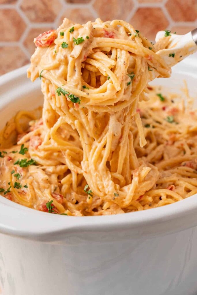 Creamy chicken spaghetti in a crockpot.