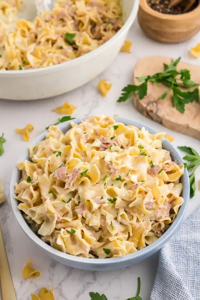 Creamy homemade tuna helper served in a bowl.