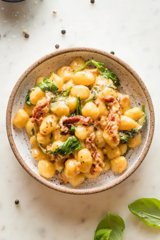 Creamy Tuscan gnocchi on a plate.