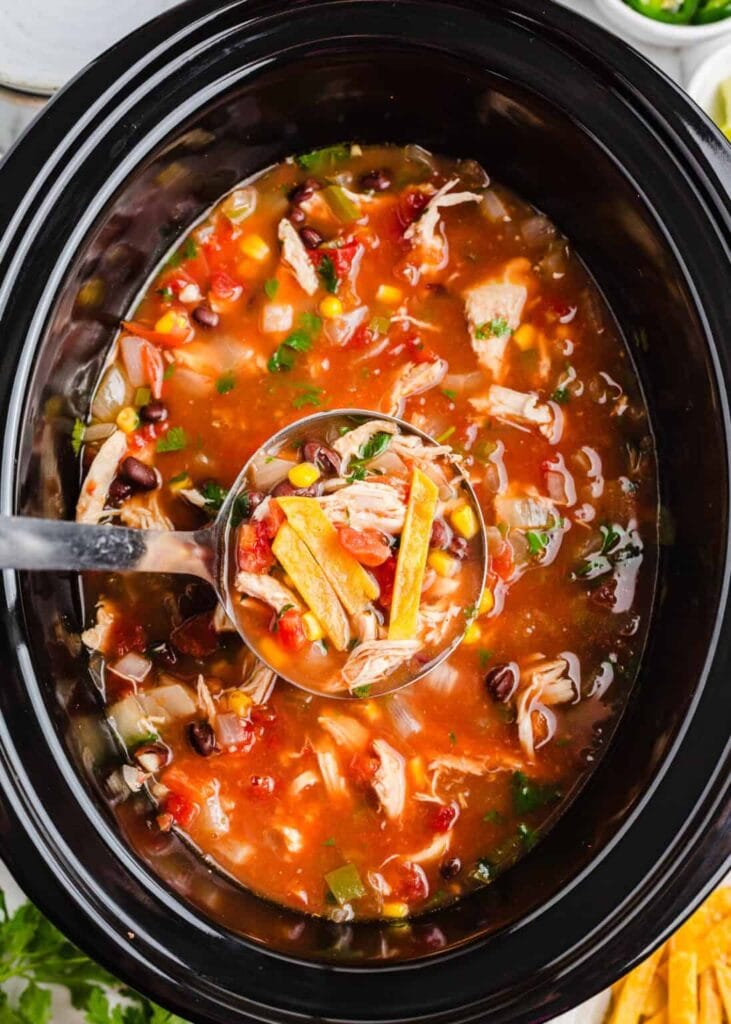 Chicken tortilla soup in a slow cooker.
