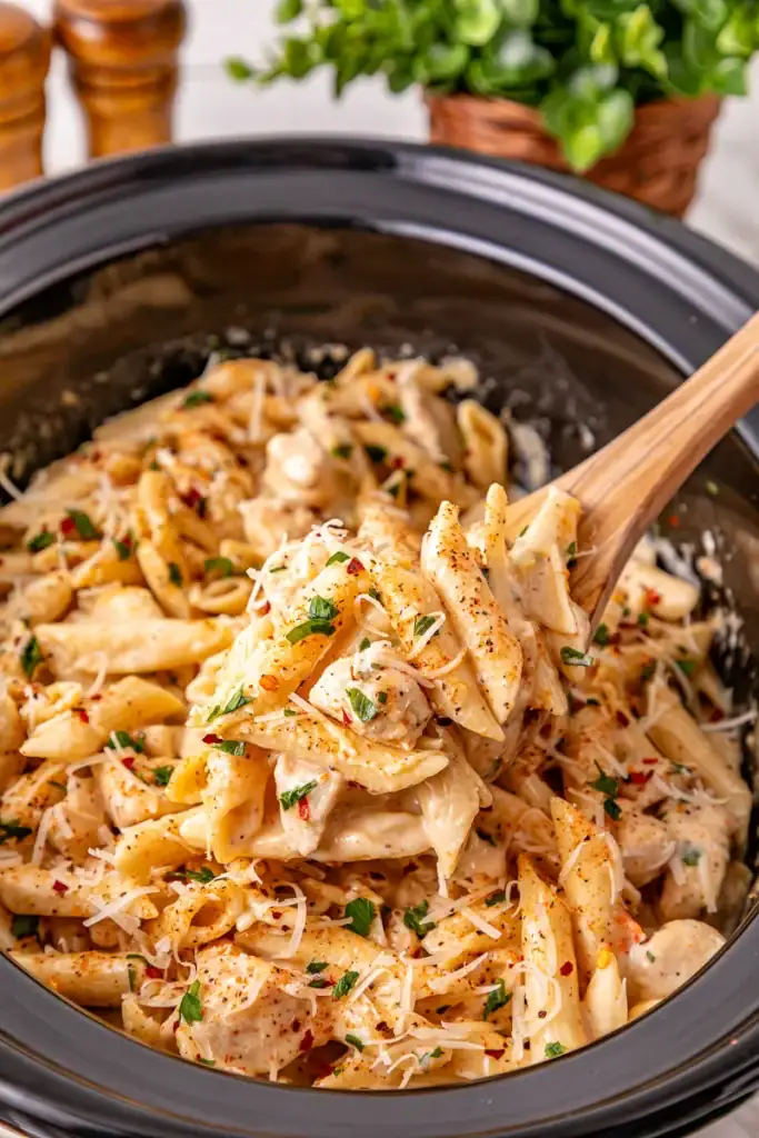 Cajun chicken pasta in a crockpot.