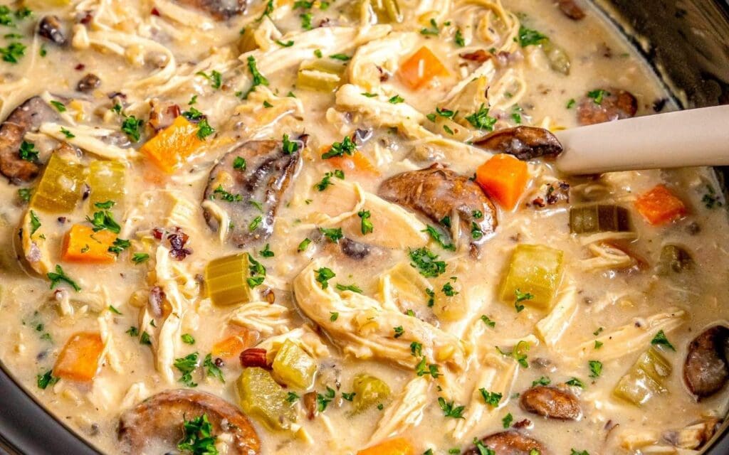 Close up of chicken and wild rice soup.