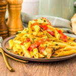 Crockpot chicken fajita pasta on a plate.