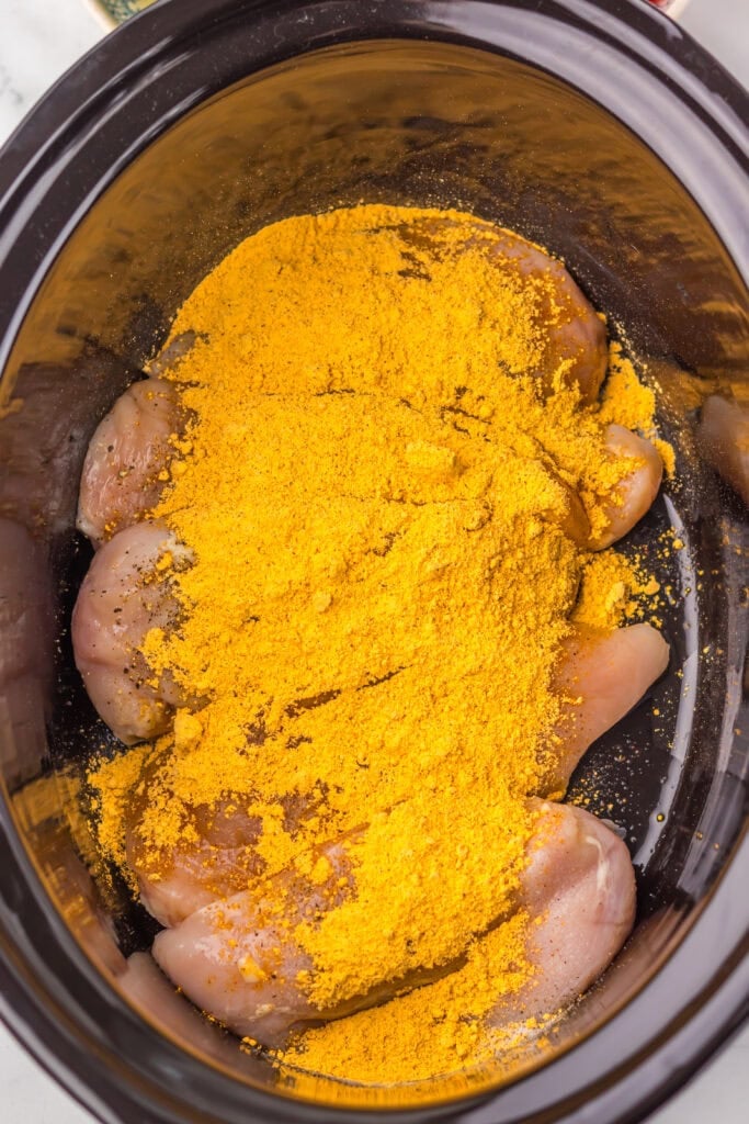 Seasoned chicken in a slow cooker.