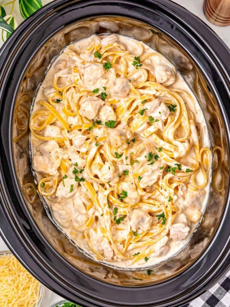 Chicken fettuccine Alfredo in a crockpot.