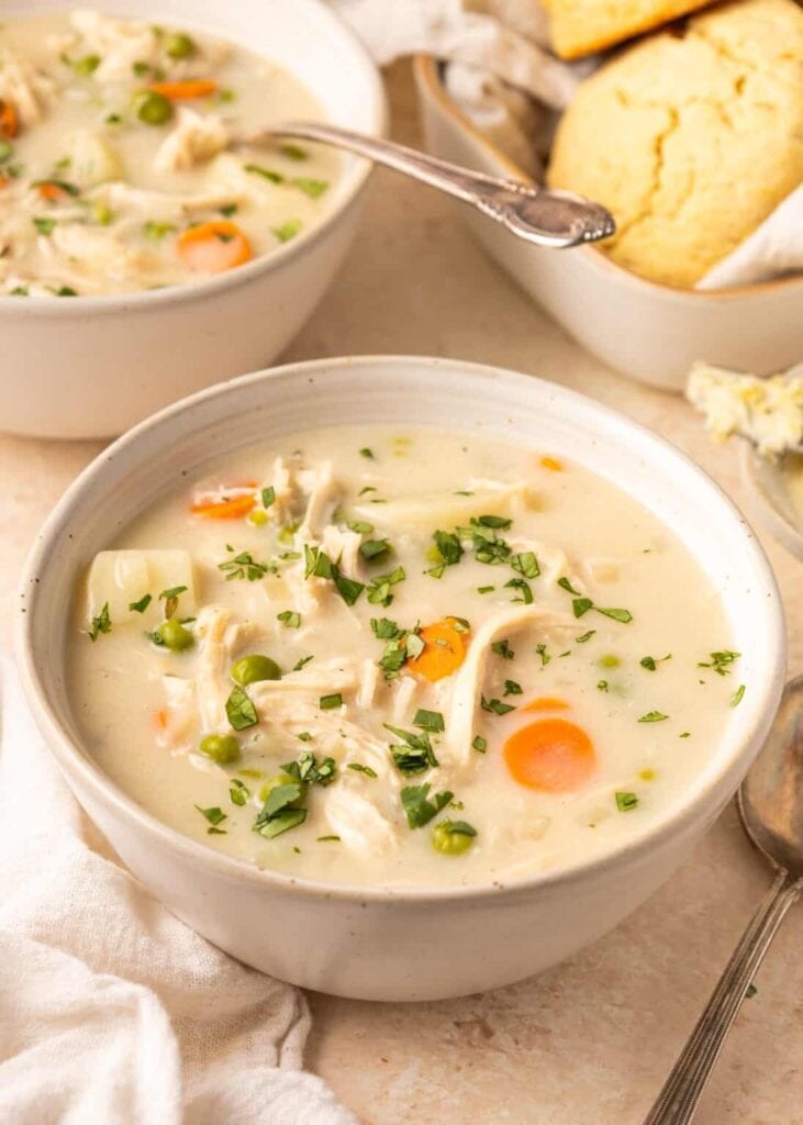 Crockpot chicken pot pie soup in a bowl.