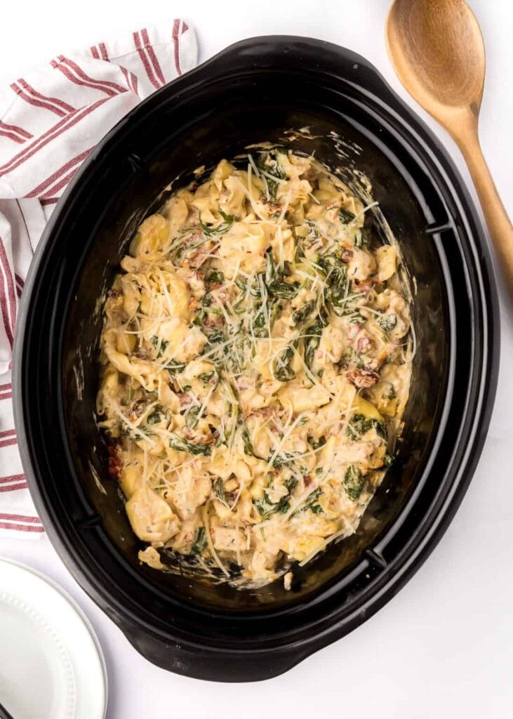 Chicken tortellini in a crockpot.