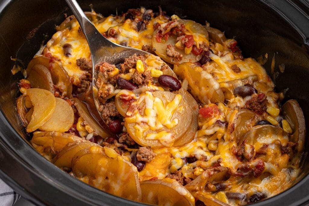 Cowboy casserole in a crockpot.