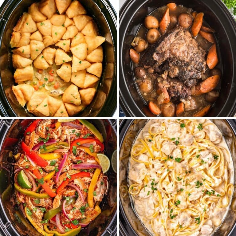 Collage of crockpot dinners and family recipes.