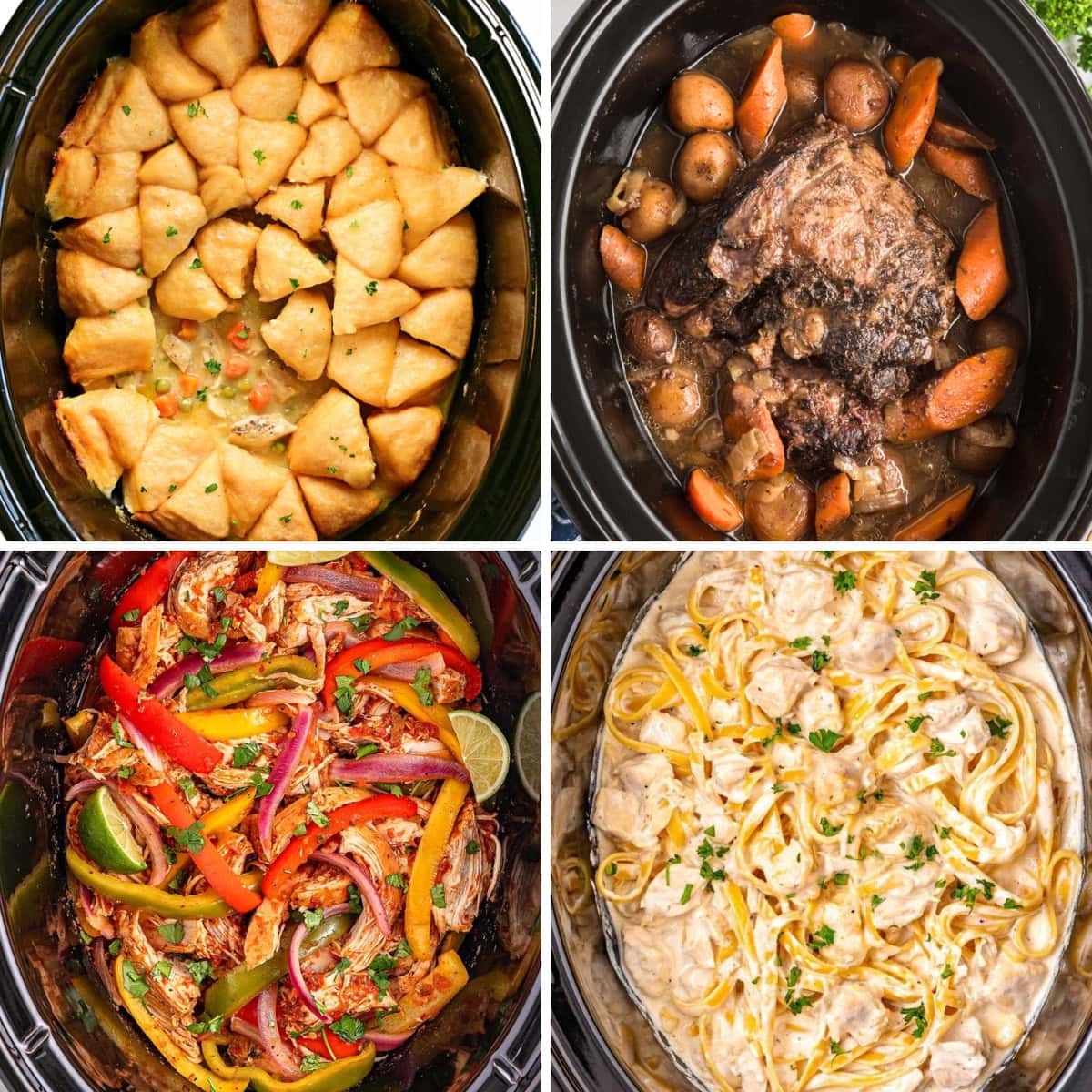 Collage of crockpot dinners and family recipes.