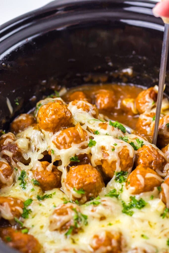 French onion meatballs in a crockpot.