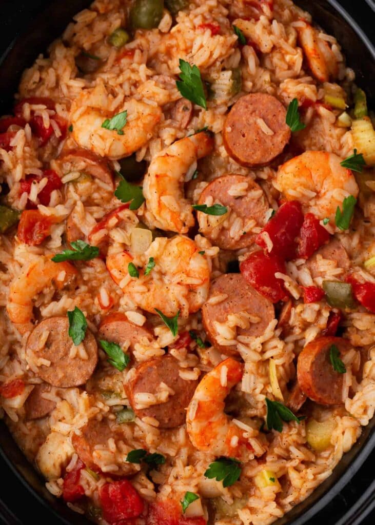 Close up of jambalaya in a crockpot.