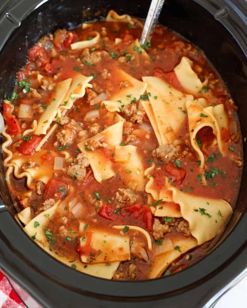 Lasagna soup in a slow cooker.
