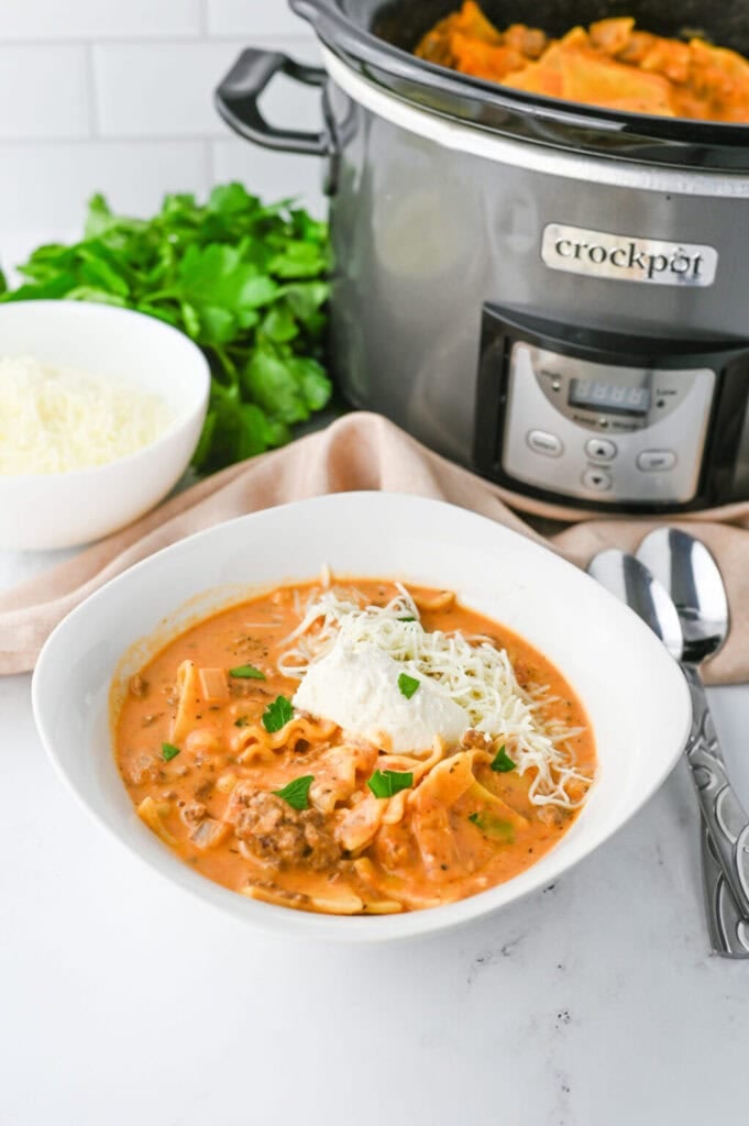 Crockpot lasagna soup in a bowl.