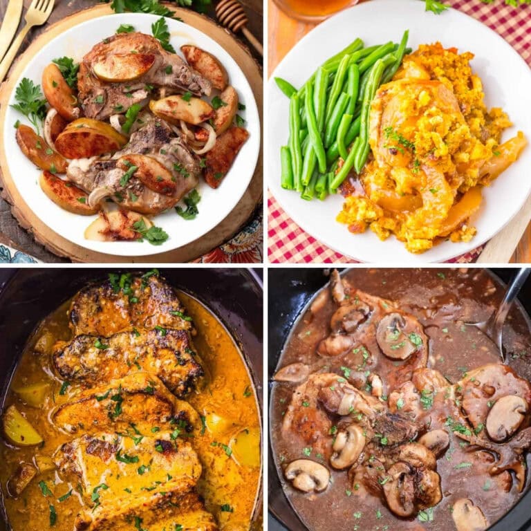 Collage of crockpot pork chops prepared in different slow cooker recipes.