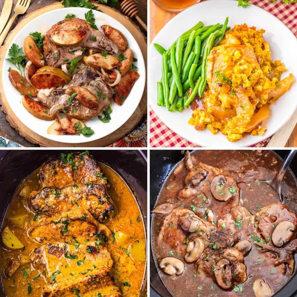 Collage of crockpot pork chops prepared in different slow cooker recipes.