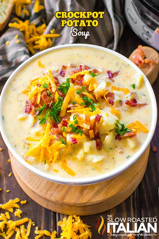 Crockpot potato soup served in a bowl.
