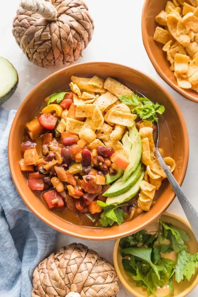 Pumpkin chili in a bowl.