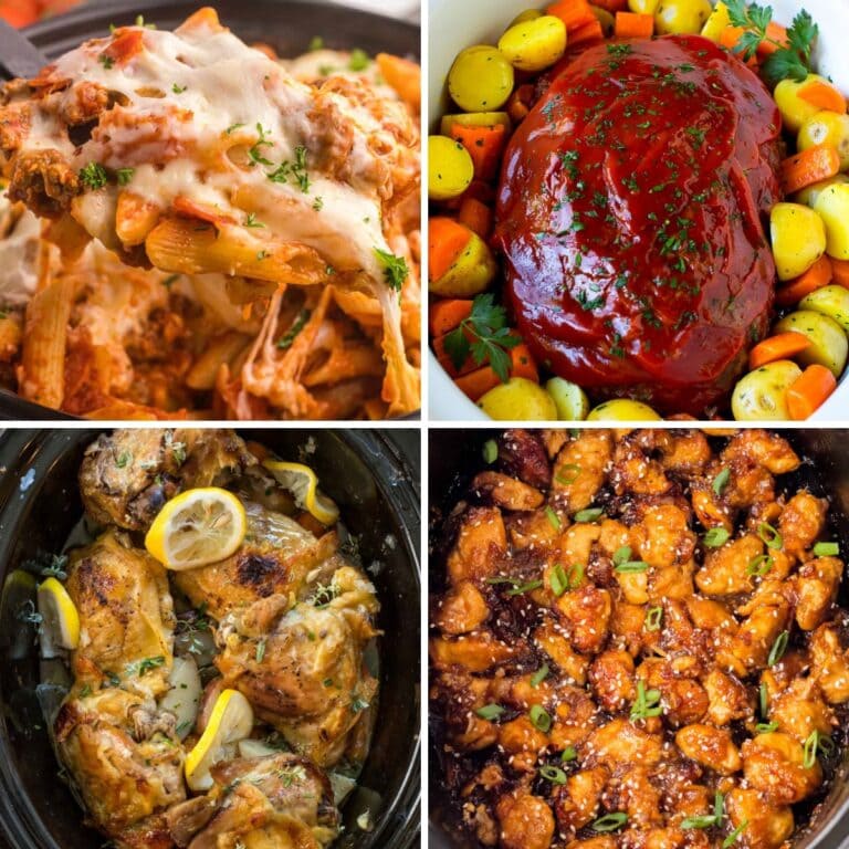 Collage of crockpot recipes for easy dinners.