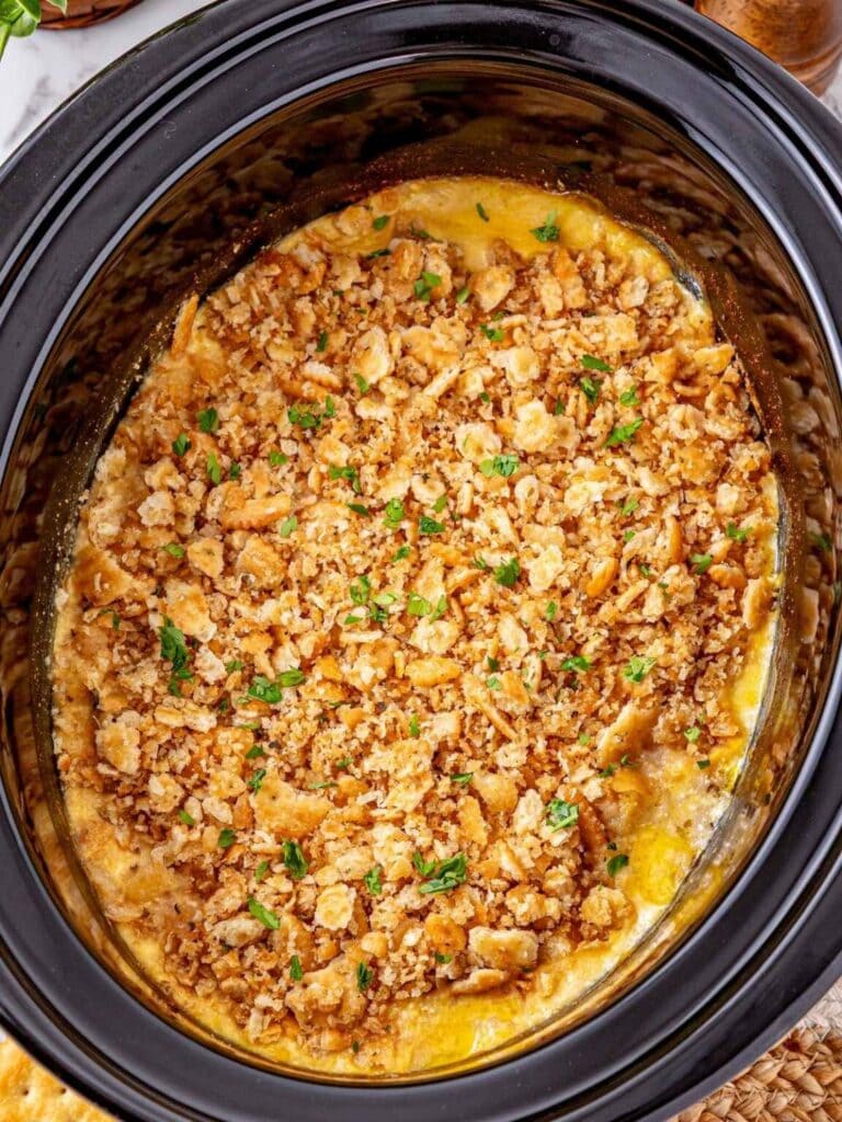 Ritz cracker chicken casserole in a crockpot.