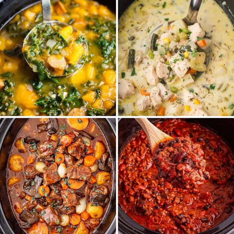 Collage of crockpot soup recipes in slow cookers and bowls.
