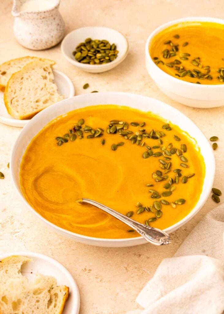 Crockpot sweet potato soup served in a bowl.