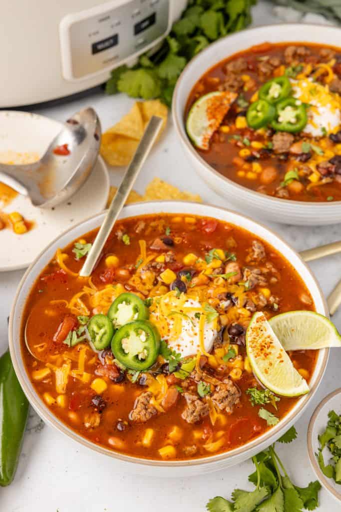 Crockpot taco soup served in a bowl.