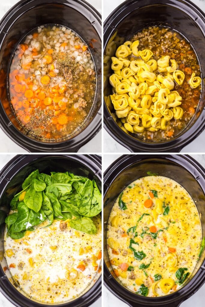 Crockpot tortellini soup cooking process collage.