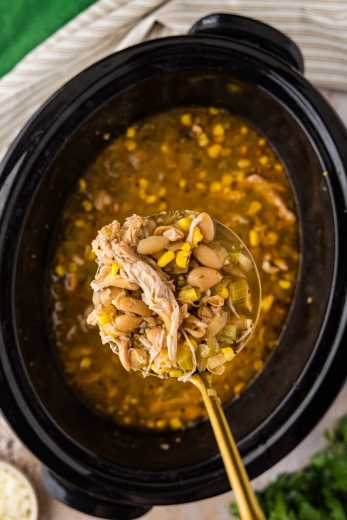 White chicken chili in a slow cooker.