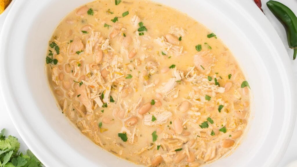 White chicken chili in a crockpot.