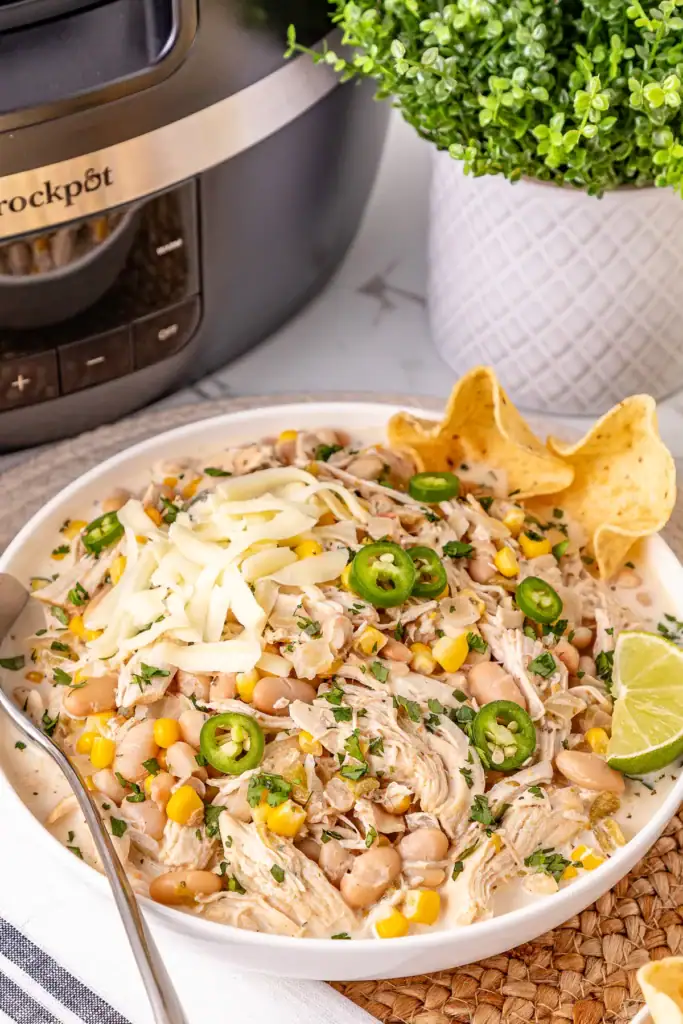 Crockpot white chicken chili served in a bowl.