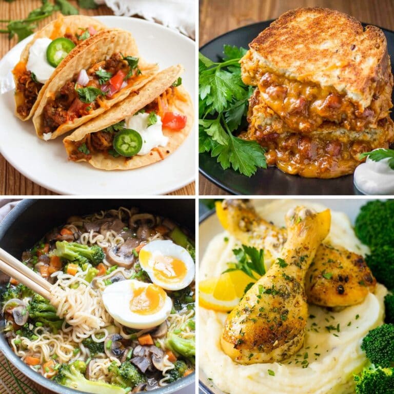 Collage of dirt cheap family dinners with a variety of easy meals.