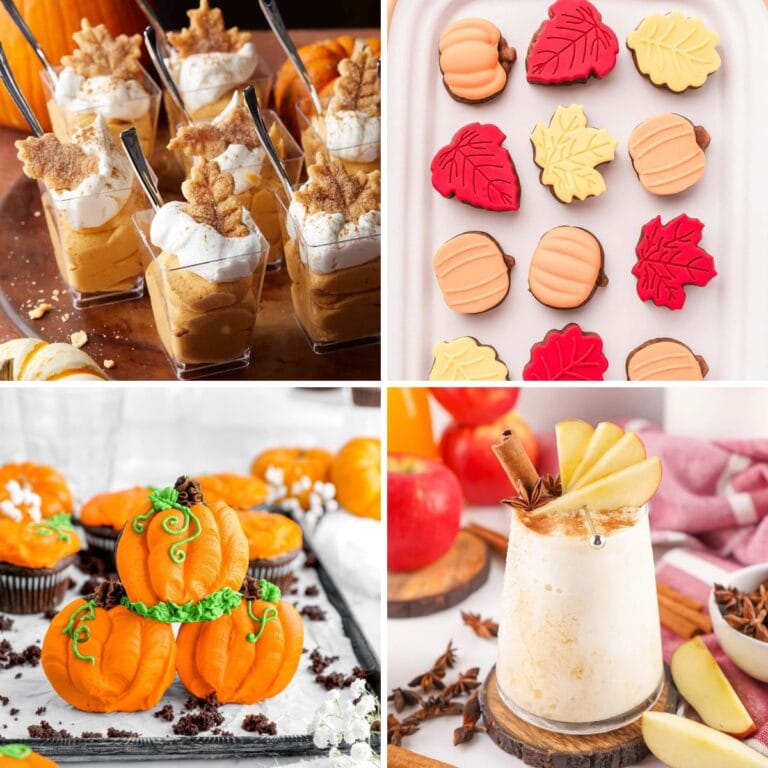 Collage of fall baby shower treats.