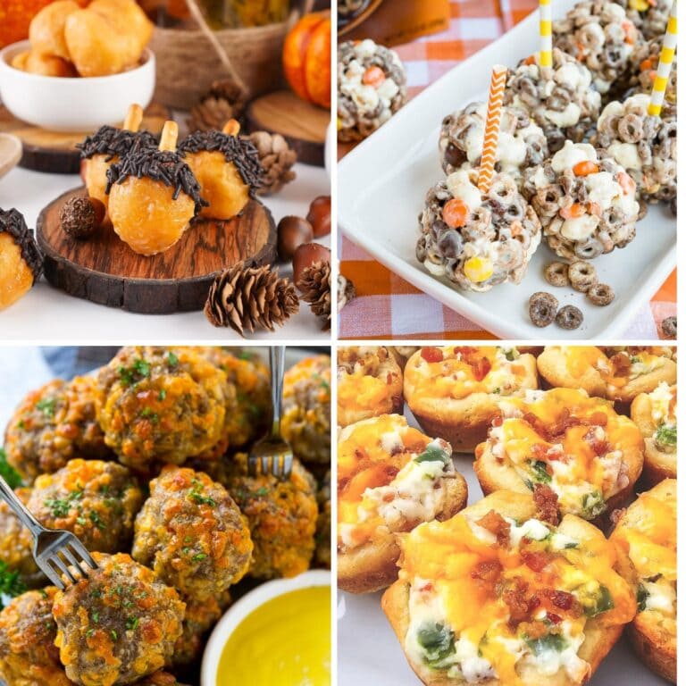 Collage of fall snacks and treats for parties, potlucks, and movie nights.