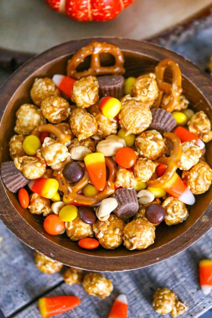 Fall sweet and salty snack mix in a bowl.