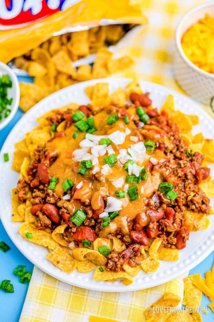 Frito chili pie on a plate.