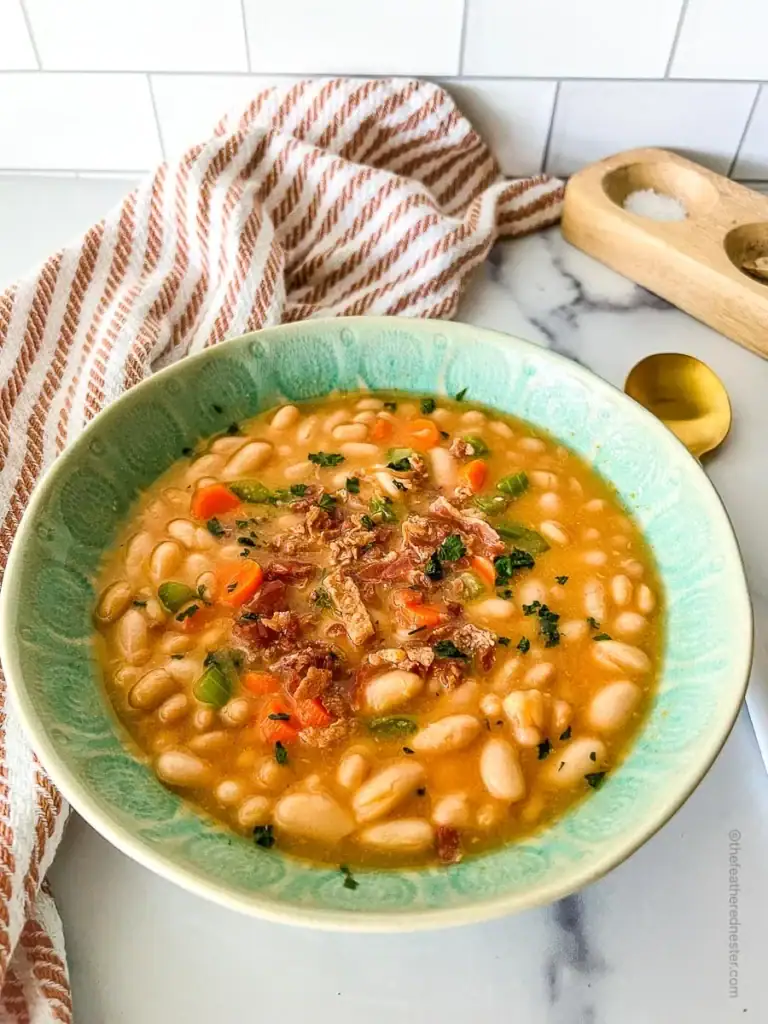 Great Northern bean soup served in a bowl.