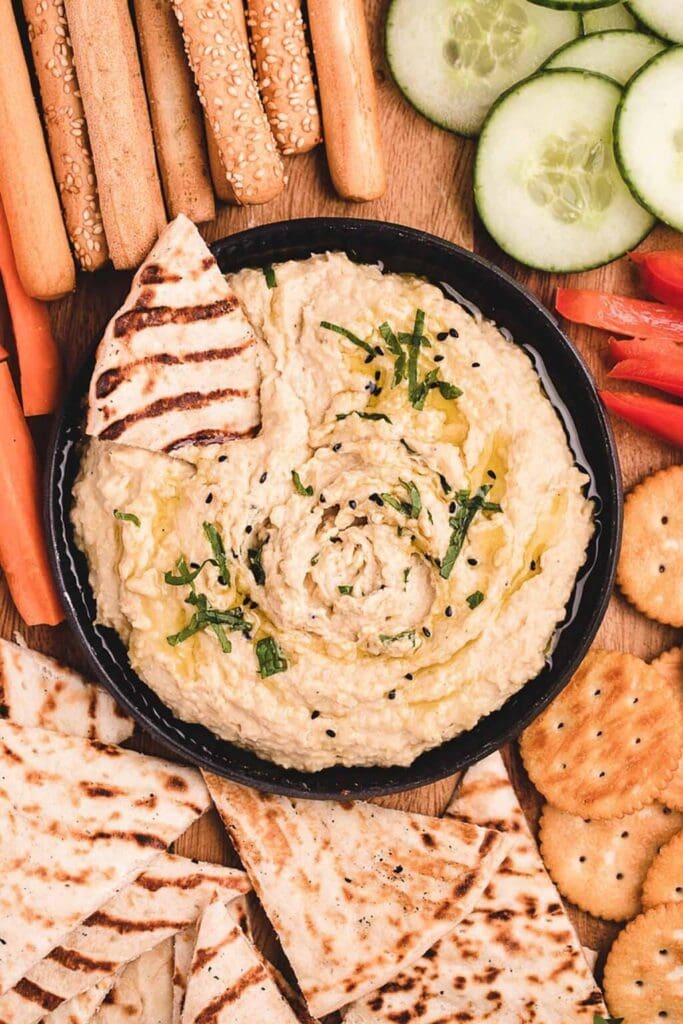Homemade hummus served in a bowl.