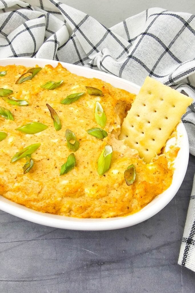 Hot crab dip in a baking dish.