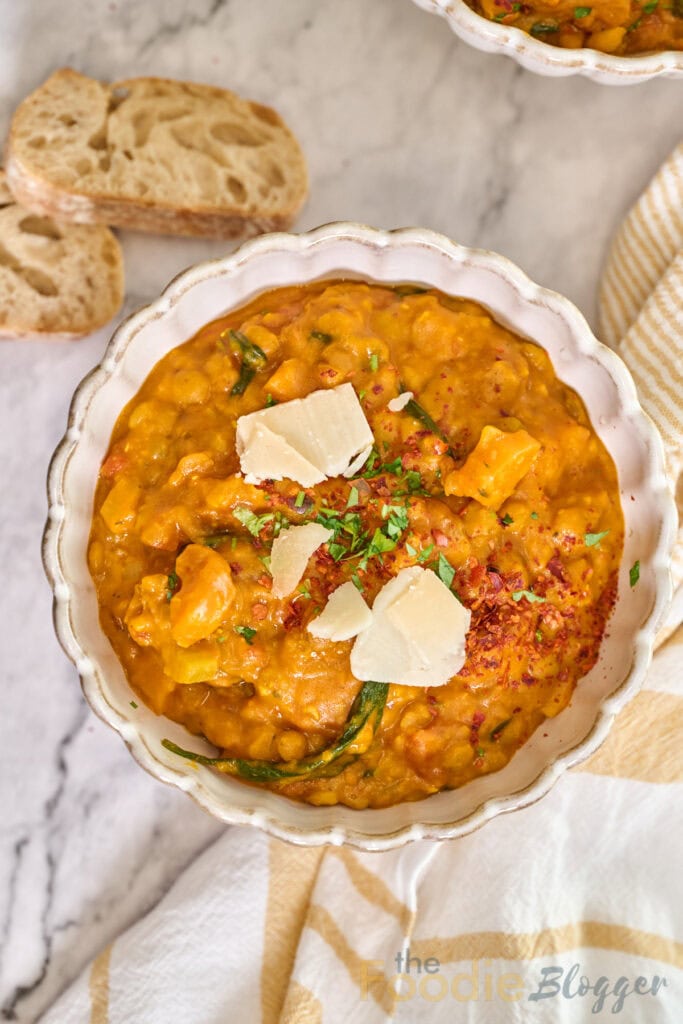 Instant Pot lentil soup served in a bowl.